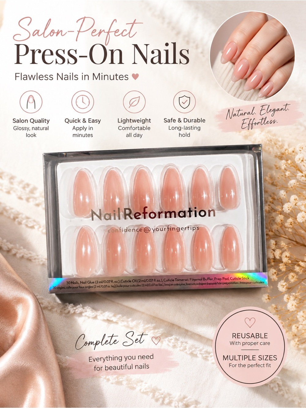 NailReformation Nude Pink Almond Press-On Nails Complete Kit